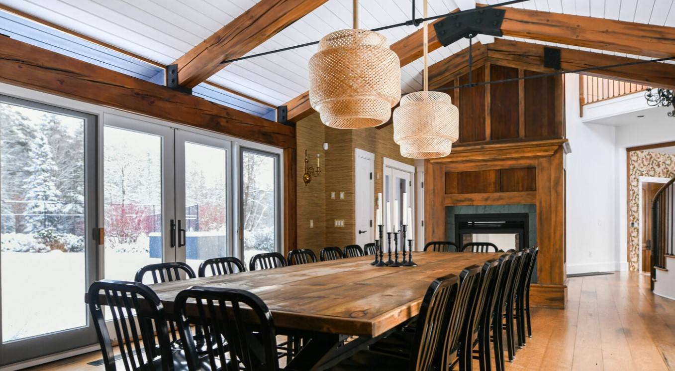 dining room with mountain view in one of our private vacation rentals