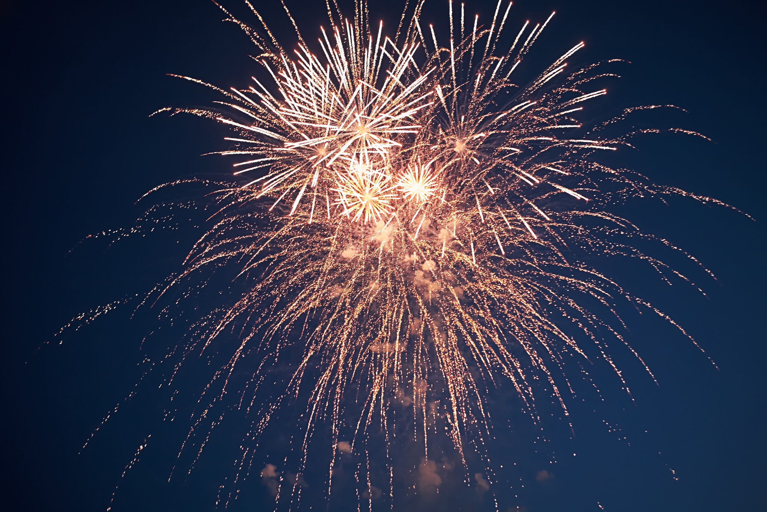 On a dark blue background are the multi-colored stars of fireworks